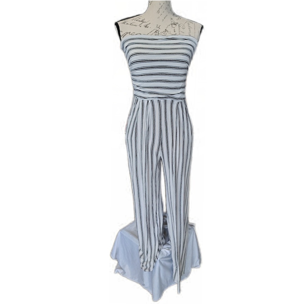 Heart & Hips Womens Strapless Verticle Striped Wide Leg Summer Jumpsuit Pockets
